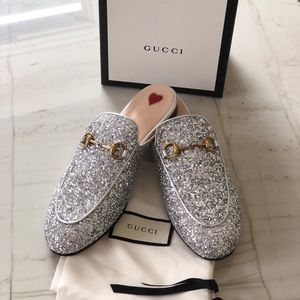 SOLD Gucci Princetown Mules Silver Glitter
